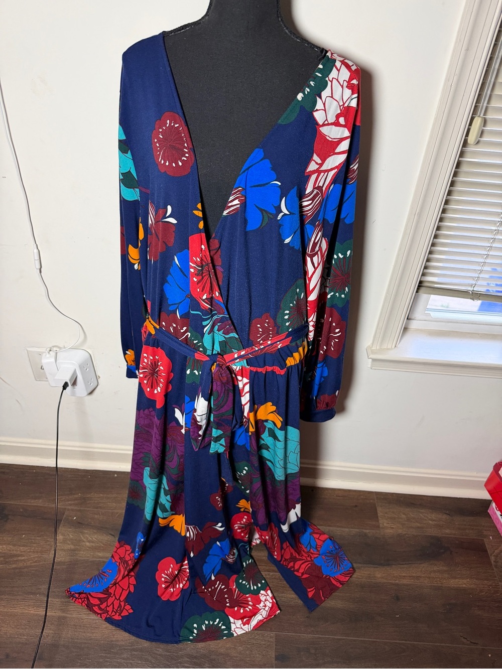 Eloquii Floral Maxi Dress Tie Waist Long Sleeve Plus Size 28 Blue Red
